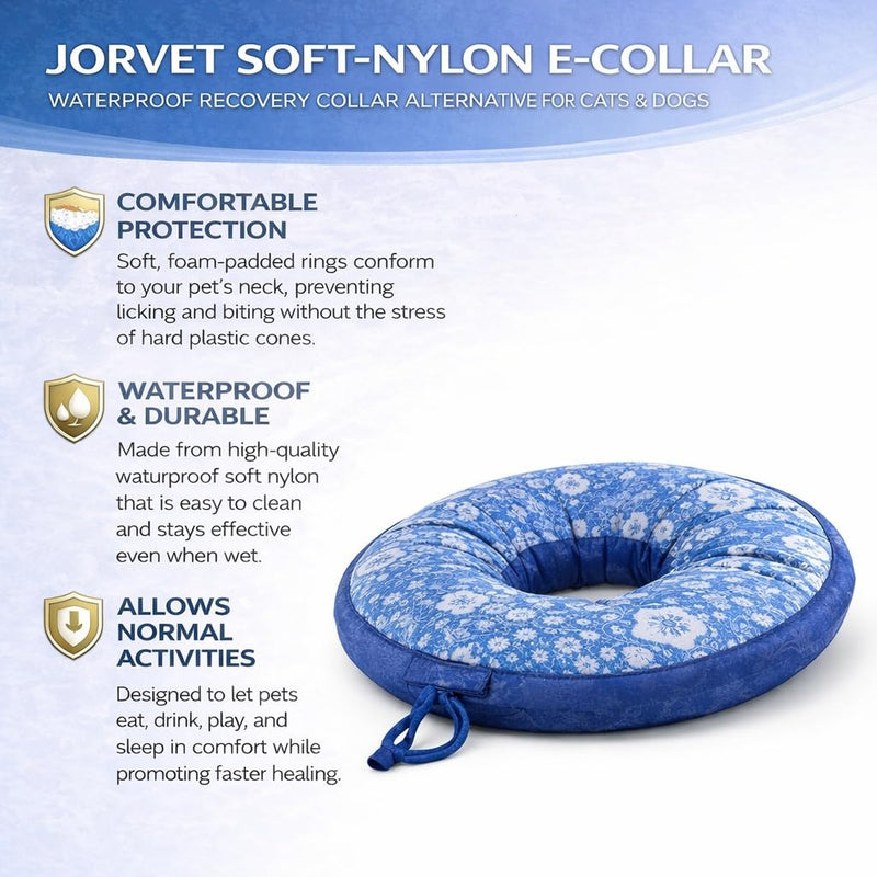 JorVet Soft-Nylon E-Collar for Cats & Dogs | Waterproof Recovery Collar Alternative | Prevents Licking, Chewing & Easy to Eat, Drink, Sleep & Move Comfortably | Blue | Small