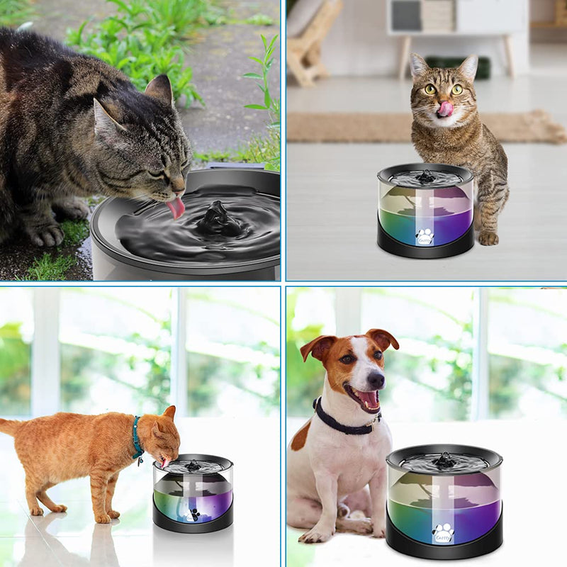Kastty Super Quiet Water Fountain for Cats Inside, Pet Water Fountain for Kitty, Cat Waterer, Dog Bowl Dispenser 2.2L/74oz,with Super Long Life Span Pump, Black+Colorful LED Light - PawsPlanet Australia