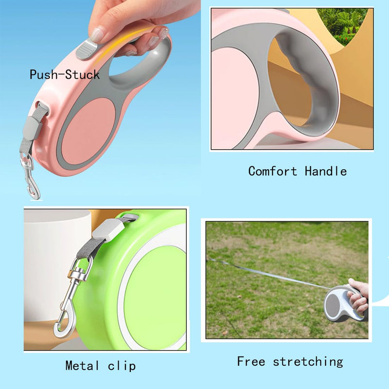 Pink Retractable Dog Leash, Auto Adjustable Extendable Dog Lead Durable and Tangle Free Nylon Tape for Small Medium Pet Dogs Cats Walking, 10FT/3m Pink Small(10ft/3m) - PawsPlanet Australia