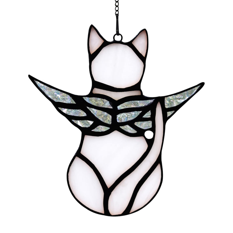 BOXCASA Angel Cat Memorial Gifts Ornaments,Stained Glass Window Hanging Decorations,Angel Wings White Cat Suncatcher Decor,Cat Lovers Gifts Ornaments,Pet Memorial Sympathy Gifts Decoration Cat_D