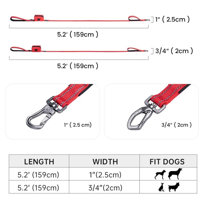 EXCELLENT ELITE SPANKER Strong Durable Nylon Dog Training Leash Traction Rope 5 Feet Long 1" Wide with Poop Bag Holder for Small and Medium Dog(Purple) 5.2ft x 1 in. Purple - PawsPlanet Australia