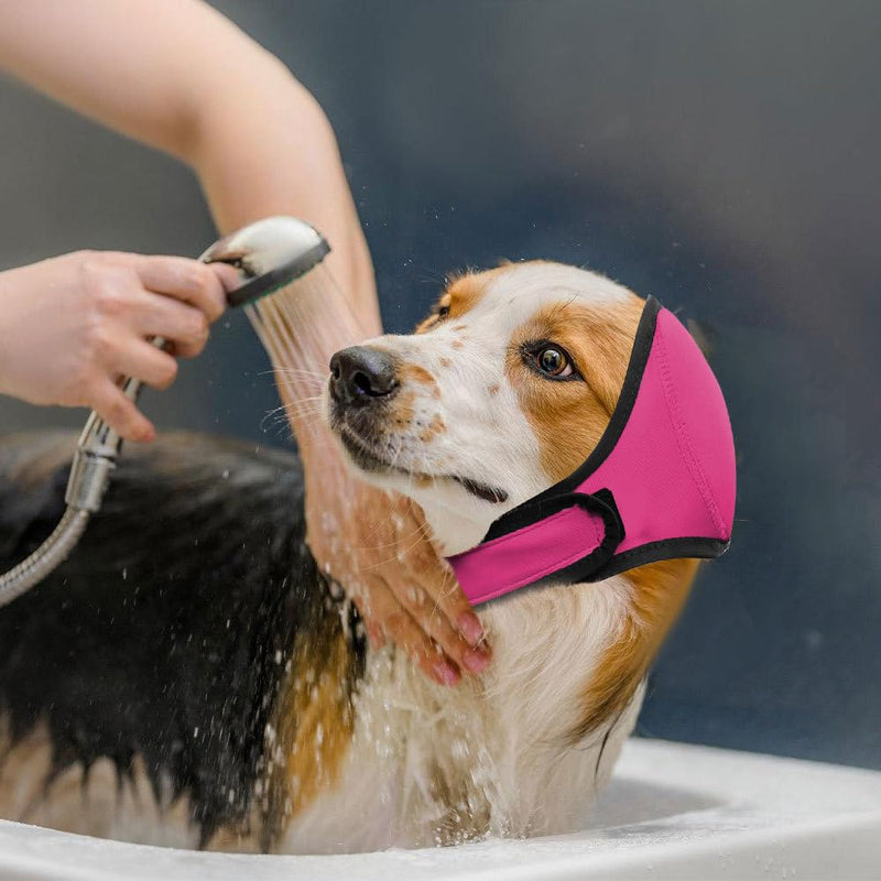 Dog Ear Defender, Waterproof Adjustable Dogs Head Cover Noise Cancelling Windproof Pet Calming Hood for Summer Bathing Water Play Protection Rose Red L