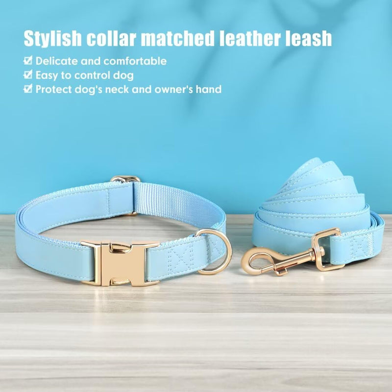 PET ARTIST Soft PU Leather Dog Collar and Leash Set, Bright & Stylish 5FT PU Leather Leash and Collar Set, Durable Pet Collars with Quick Release Metal Buckle for Medium Dogs,Blue,M(13-19") M: Fit 13-19" Neck Blue - PawsPlanet Australia