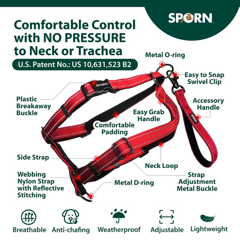 SPORN Ultimate Control No Pull Dog Harness for Medium-Sized Dogs - 4-in-1 Adjustable Dog Harness with Front, Back & Dual-Clip Options & Emergency Grab Handle - Easy On/Off, Padded Comfort (Red, M) Red - PawsPlanet Australia