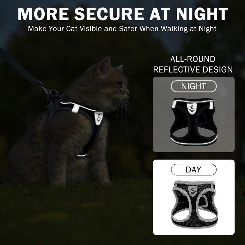 SCENEREAL Cat Harness and Leash Set Escape Proof, Adjustable Soft Air Mesh Kitten Harnesses for Girls Boys Small Medium Big Cats, Reflective Light Travel Pet Walking Vest for Puppy Rabbit, Black S Black(gray wrap and leash) S(Chest 11.5-13") - PawsPlanet Australia