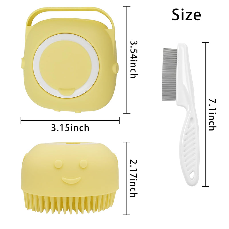 Pet Bath Massage Brush,Pet Bath Brush with Shampoo Dispenser,with Dog Grooming Comb,Suitable for Long and Short haired Dogs and Cats(Yellow)
