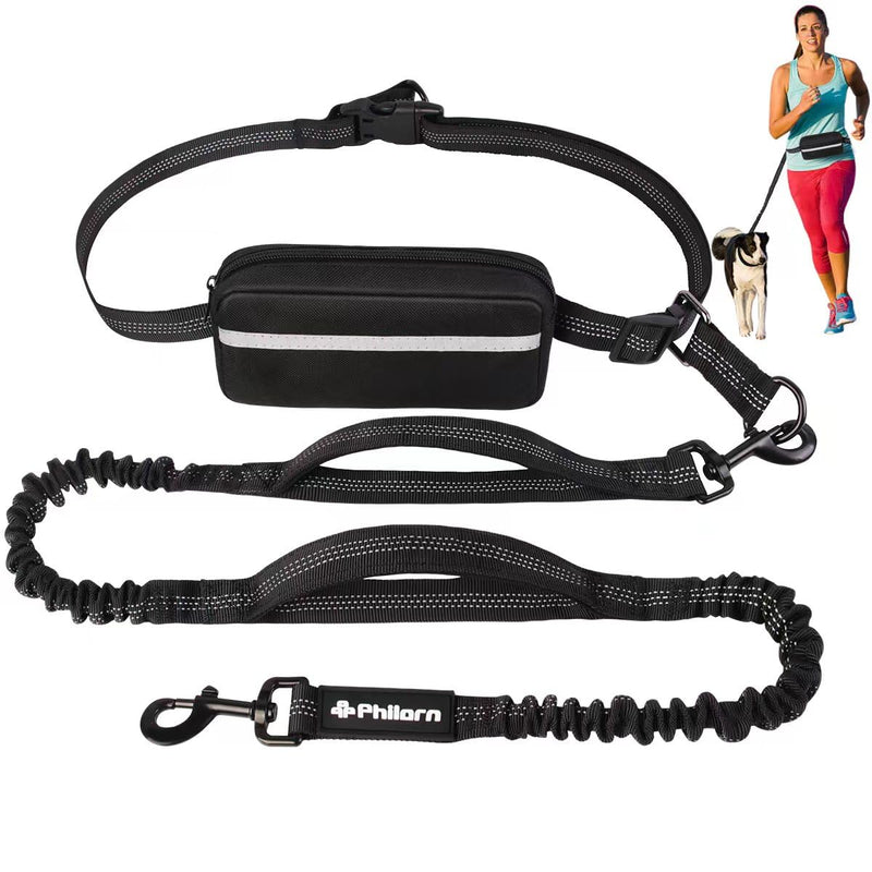 Philorn Hands Free Dog Leash with Pouch, Adjustable Waist Leash for Dog Walking, Running Leash for Medium Large dogs, Waist Dog Leash with Dual Handles and Durable Bungee for Jogging Hiking - Black