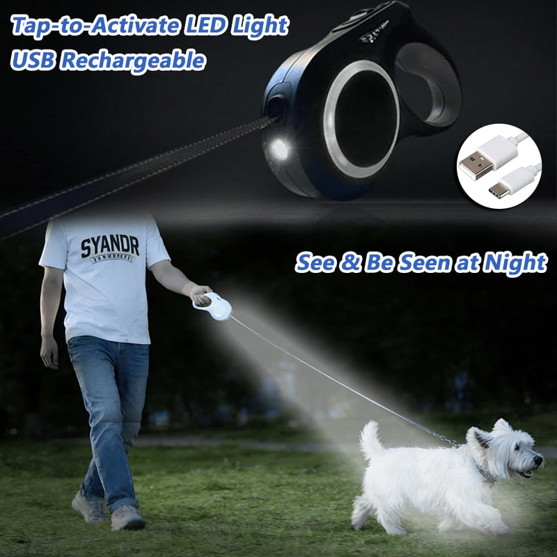 16.4ft Dual Retractable Dog Leash,for XS‑L Dogs Up to 55 lbs,USB Rechargeable LED Light,360°Tangle‑Free,Detachable Front Leash & Emergency Ready,Reflective Elastic(White) White - PawsPlanet Australia