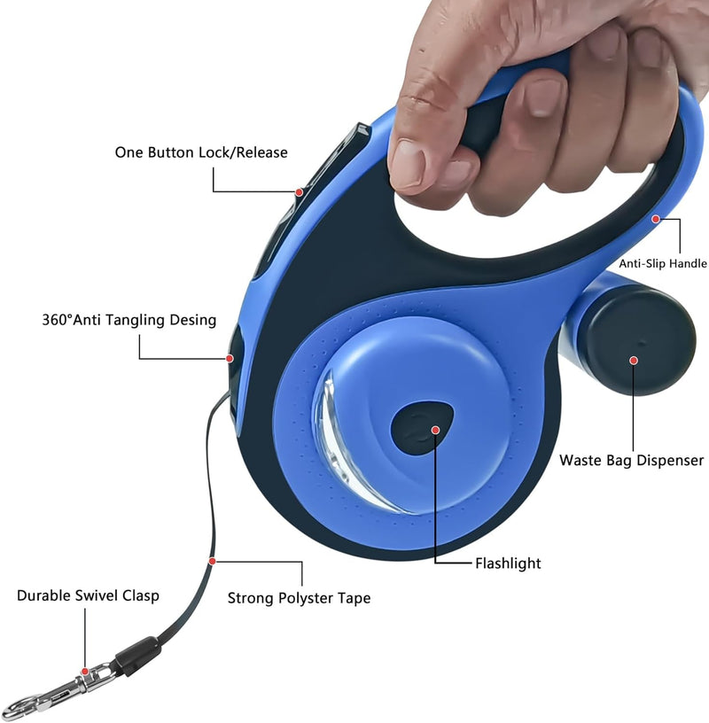 Best Dog Supplies Retractable Dog Leash with Waste Bag Dispenser and Flashlight, 26ft Dog Leash for Small Medium and Large Dogs up to 110lbs, One Button Break & Lock Soft Anti Slip Grip - Blue - PawsPlanet Australia