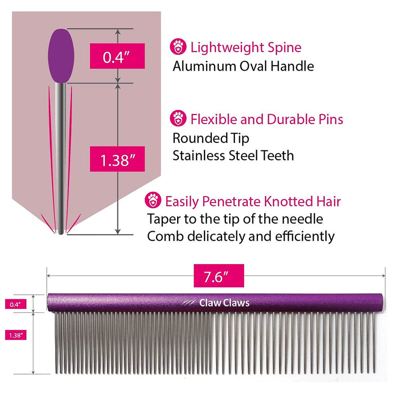 Claw Claws Greyhound Comb with Oval Handle for Dogs and Cats, Removing and Shedding Matted, Tangled Hair, Metal Comb with Stainless Steel Pins, Detangling Grooming Tool, Pet Comb (Purple-50% fine pins, Small) Purple-50% fine pins - PawsPlanet Australia