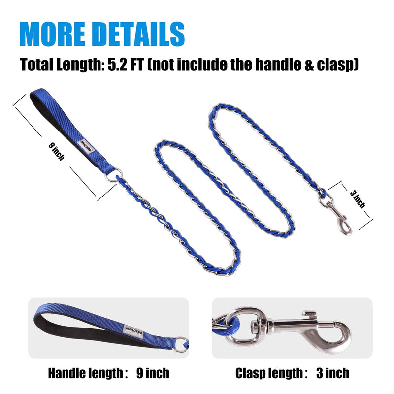 Chain Dog Leash Chew Proof Metal for Medium Large Dogs, Anti Bite 4FT Strong With Comfortable Soft Padded Handle Blue 3.0 4FT(5-30lb) - PawsPlanet Australia