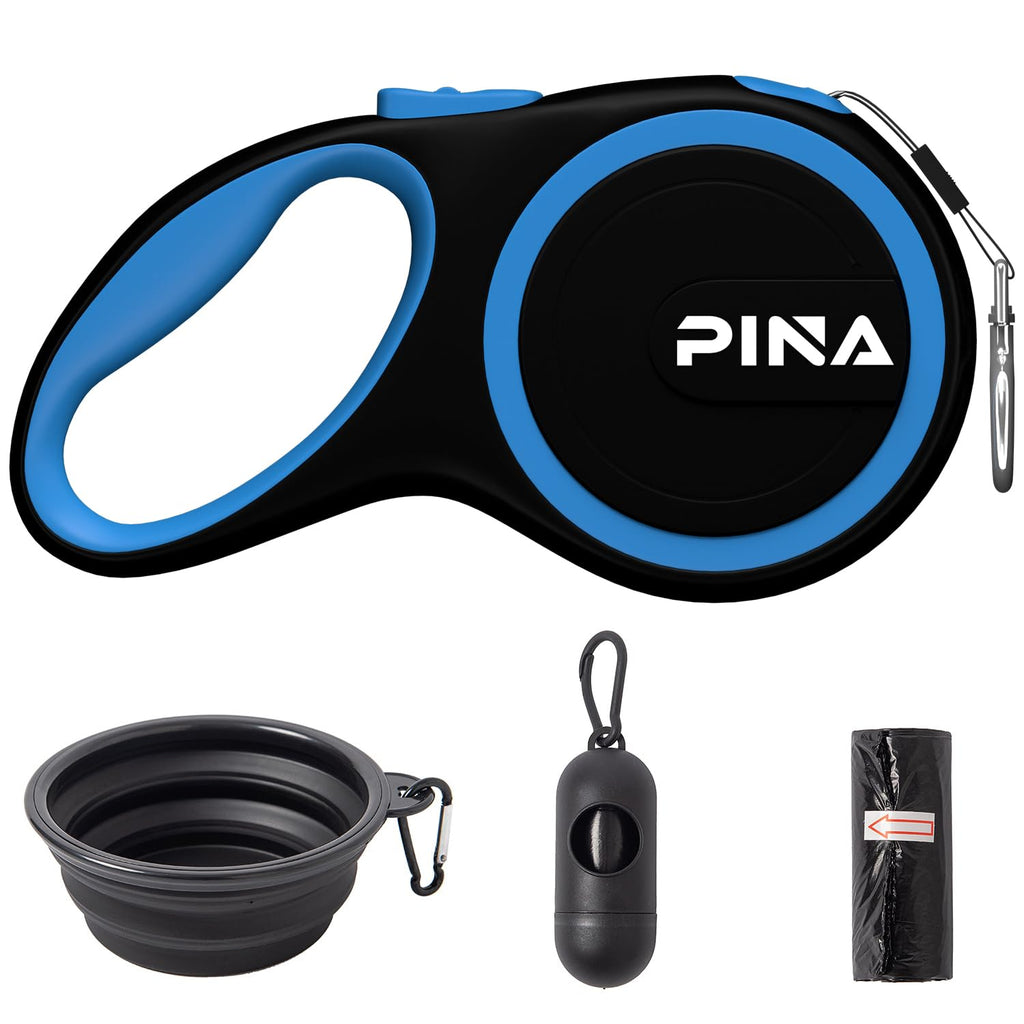 PINA Retractable Dog Leash, 26ft Dog Leash for Small Medium Large Dogs Up to 110lbs, 360° Tangle-Free Strong Reflective Nylon Tape, with Anti-Slip Handle, One-Handed Brake, Lock - Black Blue 26 ft