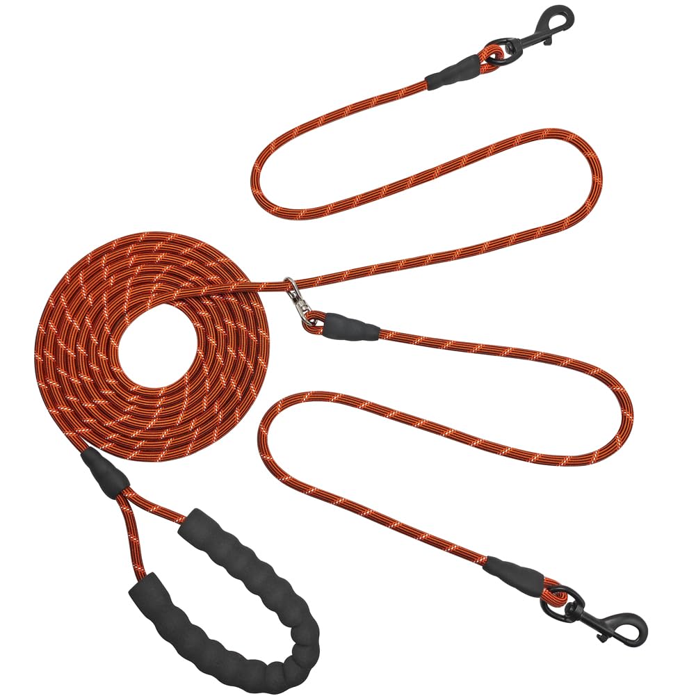 BTINESFUL 12ft/20ft/32ft Long Dog Leash for 2 Dogs, No Tangle 1/3inch Reflective Dual Dog Leash Long Lead for Medium Small Dogs, Outside Long Walking Leash for Two Dogs Playing Recall Training Main rope: 12ft x 1/3" Orange