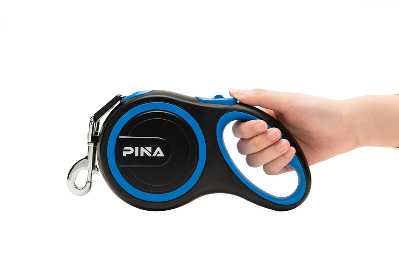 PINA Retractable Dog Leash, 26ft Dog Leash for Small Medium Large Dogs Up to 110lbs, 360° Tangle-Free Strong Reflective Nylon Tape, with Anti-Slip Handle, One-Handed Brake, Lock - Black Blue 26 ft