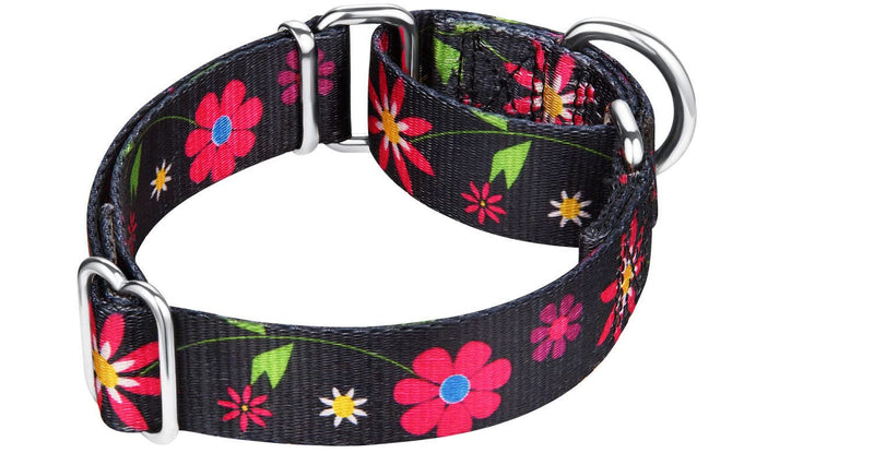 Martingale Collar Floral Print Dog Collar - No Pull Pet Collar, Heavy Duty for Medium Dogs, Adjustable Neck 14 Inch to 21 Inch, Sun Flower (Black) Medium, 1 Inch Wide Sun Flower - Black - PawsPlanet Australia