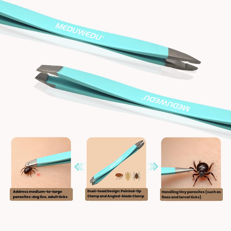 MEDUWEDU Tick Removal Tool Kit for Dogs, Cats & Humans – Stainless Steel Tick Tweezer, Fork & Dual-Head Clamp with Leather Pouch, Safe & Easy Tick Remover for Pets, Ideal for Grooming & Outdoor Travel