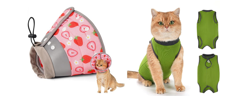 Avont Cat Cone Collar Soft to Stop Licking Bundle with Cat Recovery Suit for Post-Surgery -S
