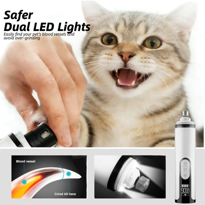 Pet Nail Grinder, 3-Speed Electric Trimmer with Dual LED Lights, 2000mAh Rechargeable for Dogs and Cats, Quiet