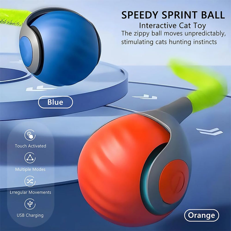 Automatic Cat Ball Toy with 2 Feather Tails - Rechargeable Interactive Cat Toys, 2-Speed Motion Activated Roller for Indoor Cats to Relieve Boredom (Small/Medium/Large Cats) (Orange) Orange - PawsPlanet Australia