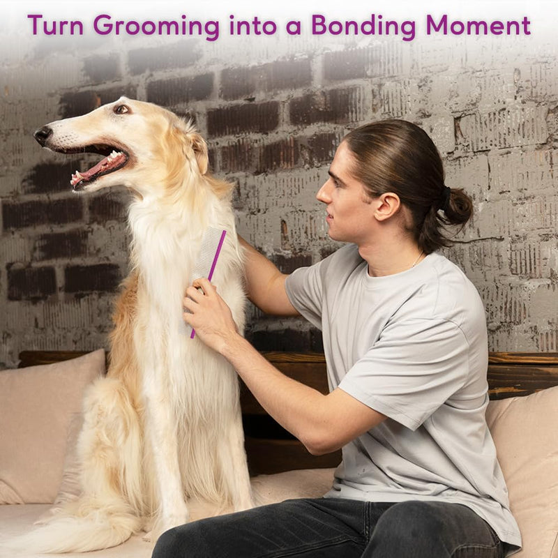 Pet Comb 8 inches Comfortable Grooming Comb with Different-Spaced Rounded Stainless Steel Teeth, Easy Grip and Convenient Grooming for Pets Dog Cat with Medium Coarse Fur - Purple 8" - PawsPlanet Australia