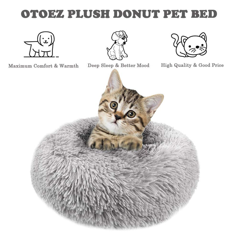 otoez Kitten Puppy Bed Small Round Dog Cat Beds Anti Anxiety Plush Pet Calming Donut Bed with Non-Slip Waterproof Bottom, Washable (19.7", Light Grey) 19.7" - PawsPlanet Australia