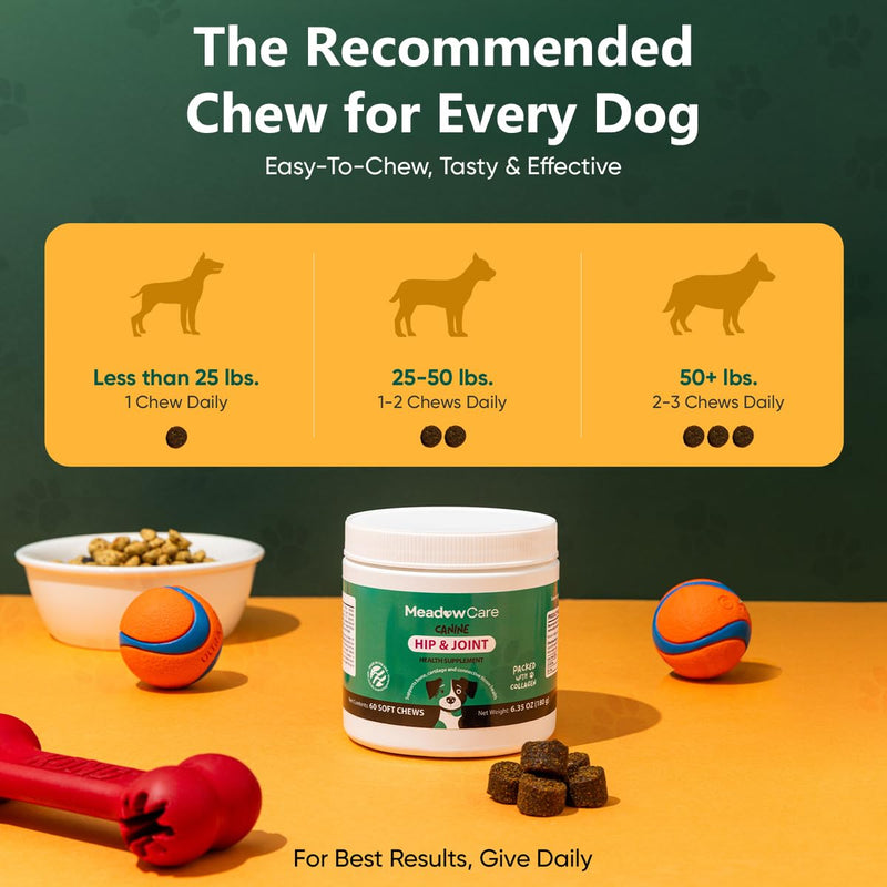 Hip and Joint Supplement for Dogs | MSM, Chondroitin & Glucosamine for Dogs | Supports Bone, Cartilage & Connective Tissue Health | Dog Joint Supplement | 60 Soft Chews180 g (6.35 oz) | MeadowCare - PawsPlanet Australia