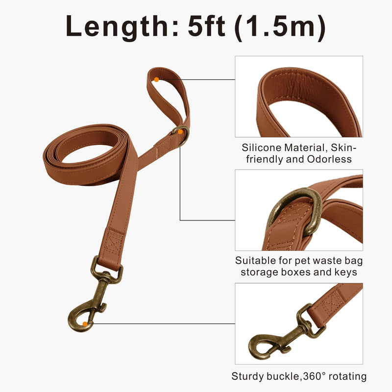 Dog Collar and Leash Set,Leather Silicone Waterproof Odor-Proof Dog Collar and Leash for Medium Dogs, Soft Flexible Dog Collars, Durable Thick Adjustable Pet Collar (Brown, Medium (12.5-20" Neck)) Brown Medium (12.5-20" Neck)