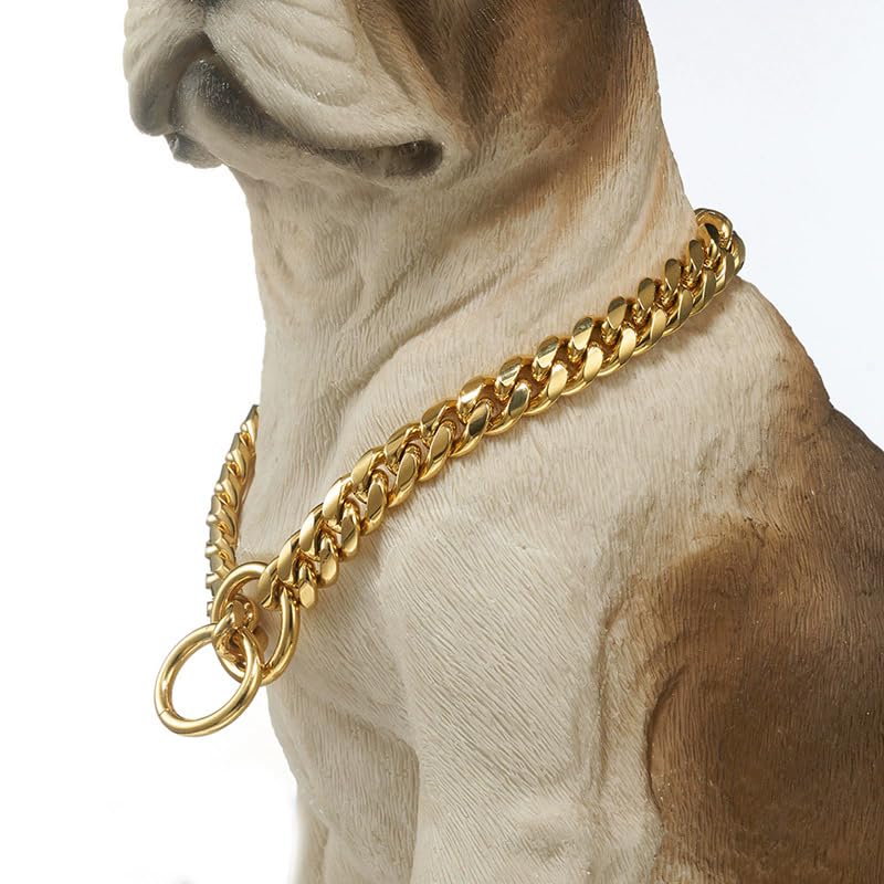 18K Gold Chain Dog Collar 10MM Cuban Link Chain Stainless Steel Metal Links Walking Training Collar Choker for Small Medium Large Dogs 12in to 26in (20”(Neck Fits 16")) 20”(Neck Fits 16") - PawsPlanet Australia