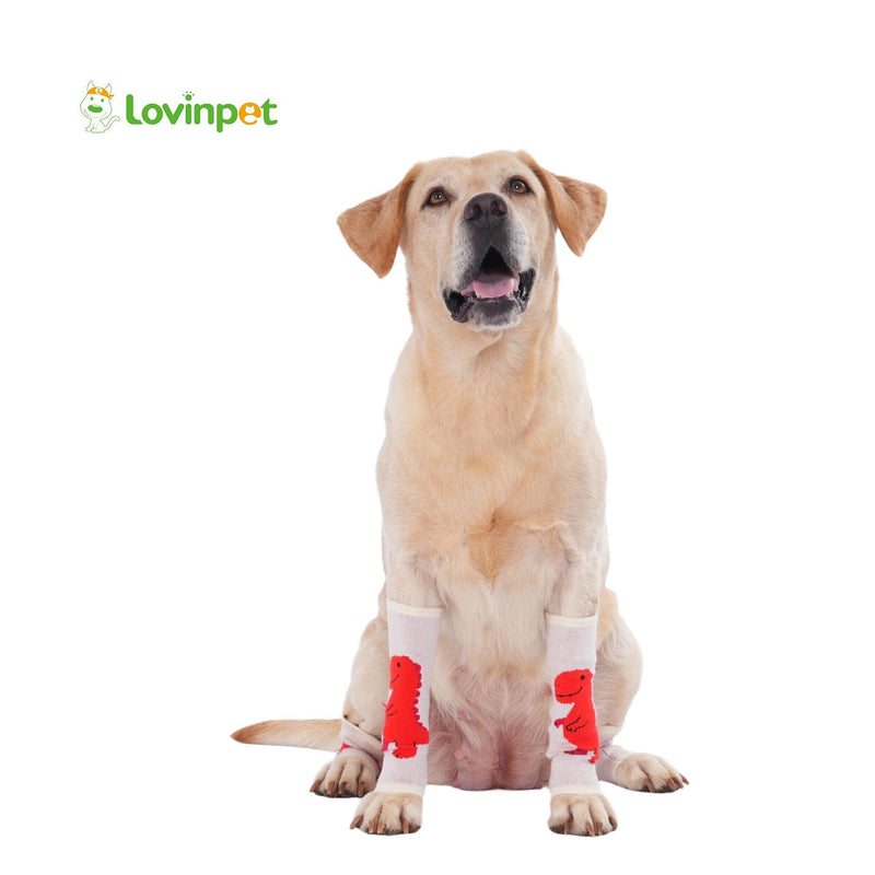LovinPet 4-Pack Dog Knee Sleeves, Dinosaur-Style Leg Warmers for Medium & Large Dogs, 4-Way Stretch, Anti-Lick Coverage, Warm & Comfy Fit, One Size,Red White Red White