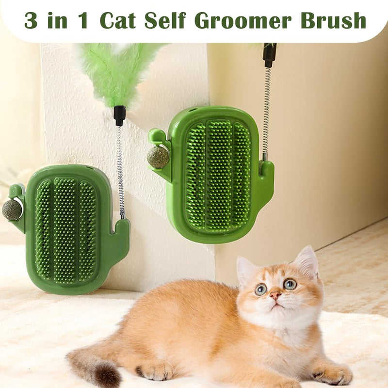 3 in 1 Cat Self Groomer Brush, Cactus Style Wall Corner Massage Comb Scratcher with Feather Toys & Catnip Ball for Indoor Cats, Pet Tickling Artifact, Cat Face Scratchers for Fur Pets