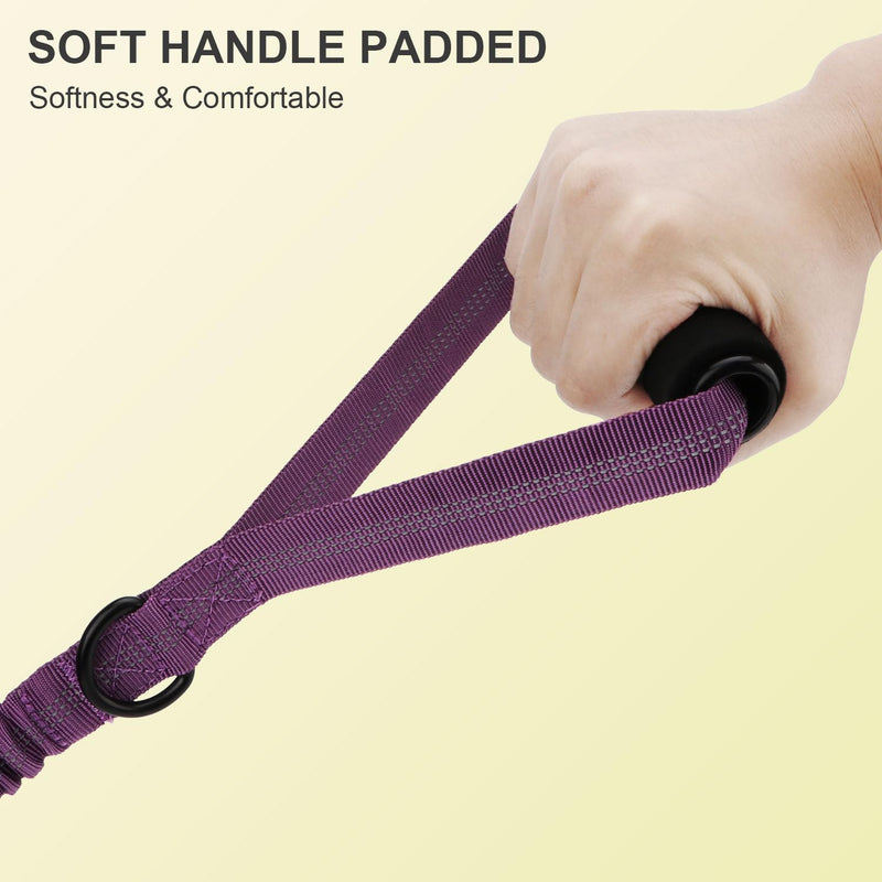 Heavy Duty Bungee Dog Leash with Shock Absorbing & Reflective Stitching - Adjustable 4-6FT Tactical Training Leash for Strong Pullers, Dual Padded Handles for Medium/Large Dogs(Purple) Purple - PawsPlanet Australia