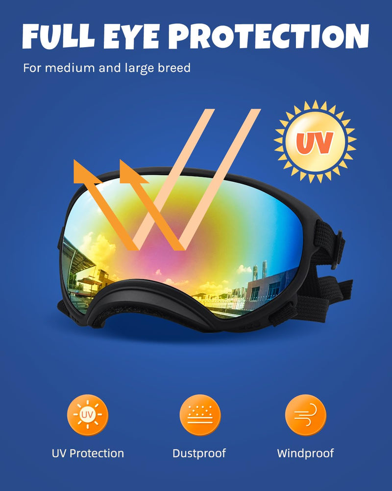 Large Dog Sunglasses, Dog Goggles Large Breed and Medium, UV Protection, Windproof, Dustproof and Snowproof. Shatterproof Lens, Adjustable Strap Black - PawsPlanet Australia
