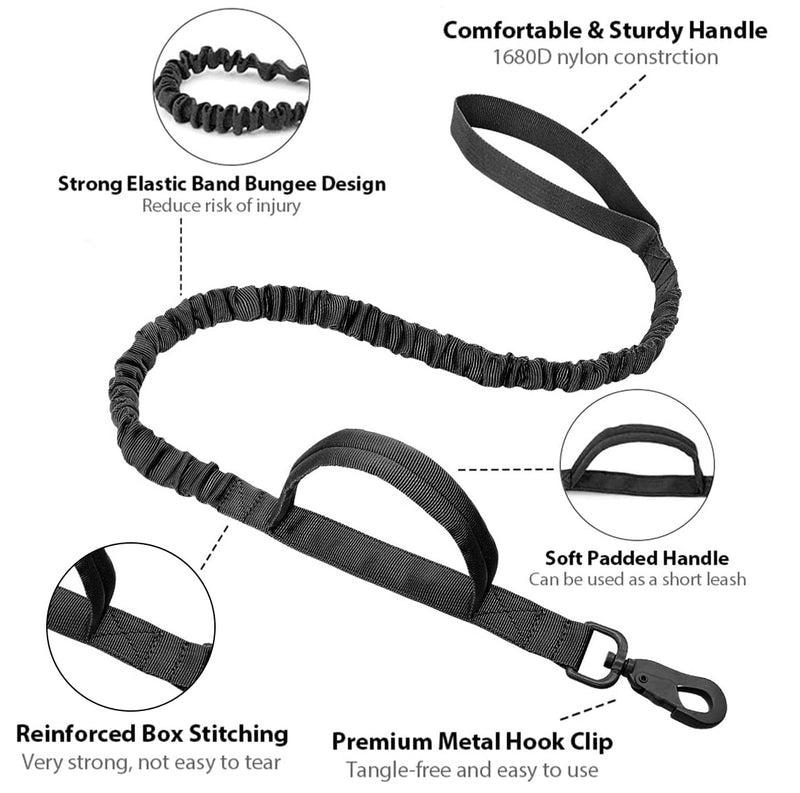 Tactical Dog Collar with Bungee Dog Leads Leash Adjustable Dog Collar with Control Handle and Heavy Metal Buckle Military Nylon Collar for Medium and Large Dogs (XL, P3-BLACK) XL - PawsPlanet Australia