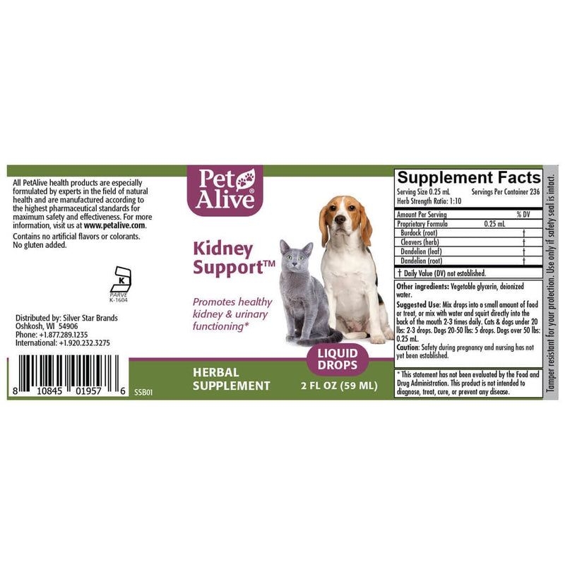 PetAlive Kidney Support - All Natural Herbal Supplement Promotes Healthy Kidney and Urinary Functioning in Cats and Dogs - 59 mL