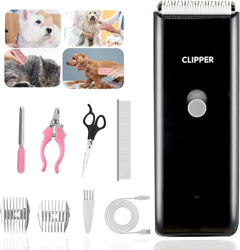 Cat Grooming Clippers Pet Hair Clipper USB Rechargeable Electric Dog Clippers Portable Waterproof Low Noise Cat Shaver Cordless Paw Trimmer for Dog Cat Home(Black) Black Set