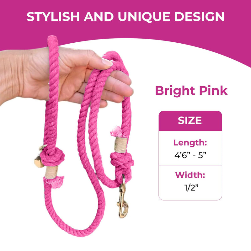 Glow Pups Pink Dog Leash, 5 ft Rope Leash for Small, Medium, Large Dogs, Handmade Caribbean Cotton Boho Chic Style with 360° Swivel Clasp, D-Ring for Accessories (Bright Pink) Bright Pink - PawsPlanet Australia