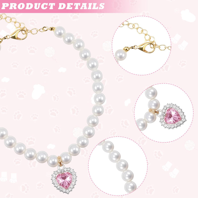 2 Pcs Girl Cat Dog Pearl Collar, Small Heart Shaped Rhinestone Pet Necklace, Pink White Diamond Kitten Collar Adjustable Wedding Party Jewelry Accessories for Puppy Kitten - PawsPlanet Australia