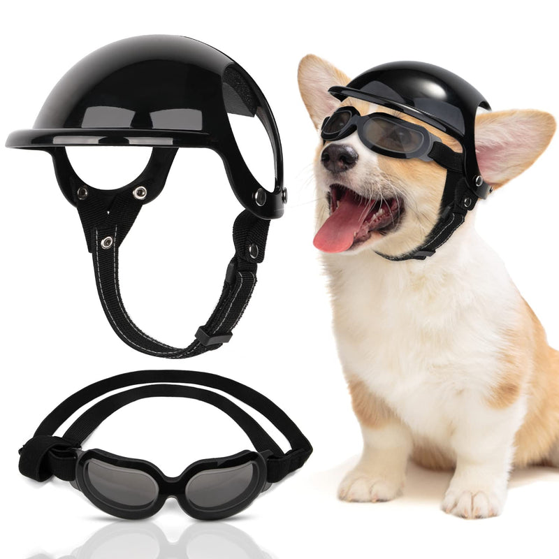 SlowTon Dog Helmet and Goggles - UV Protection Doggy Sunglasses Dog Glasses Pet Motorcycle Helmet Hat with Ear Holes Adjustable Belt Safety Hat for Small Medium Large Dogs Puppy Riding (Black, S) Black