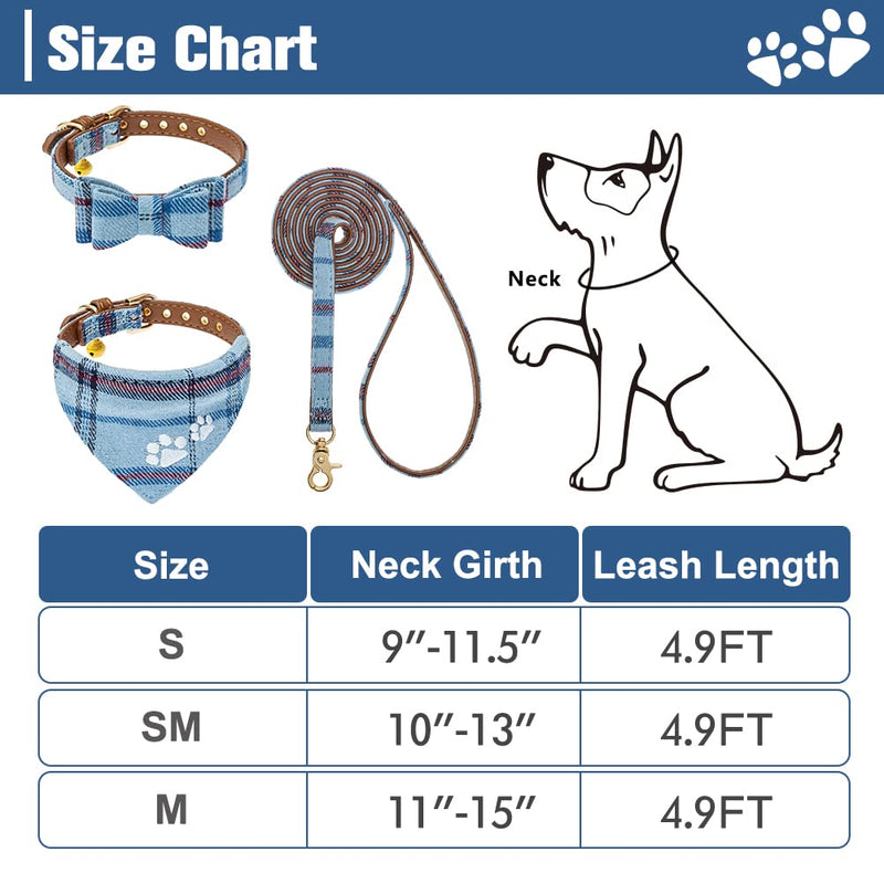 Dog Leash Collar Set - 3 Pack Plaid Pattern Adjustable Escape Proof Leash Collar Set for Outdoor Walking Small Blue