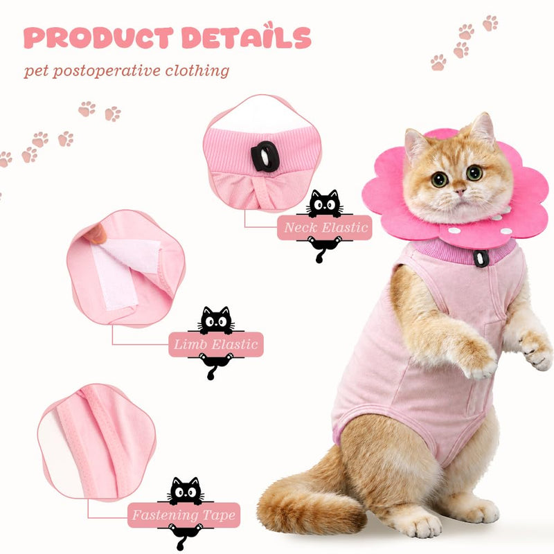 WALLFID Cat Surgical Body with Cat Neck Cone, Recovery Suit after Surgery for neutered, injured, sore-licking and skin-problem cats (M) M