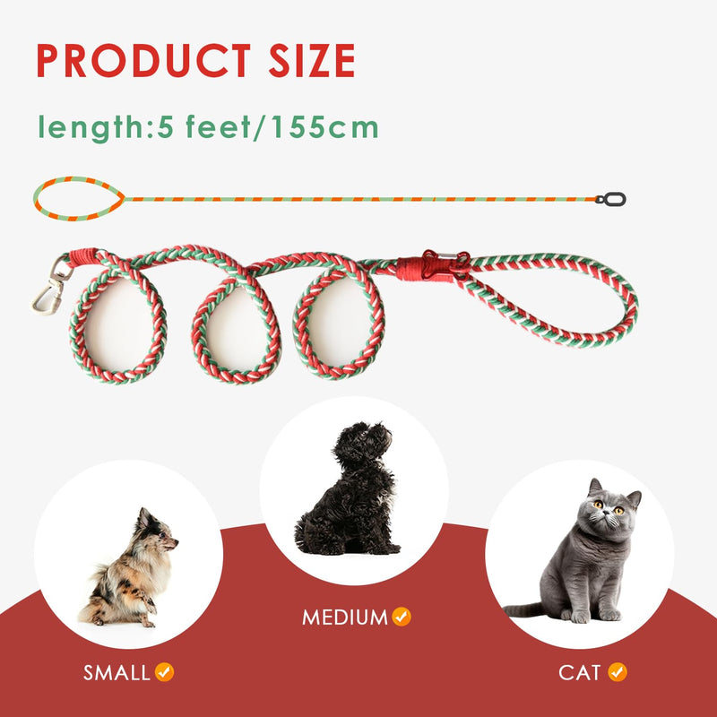 KUDOS Braided Cotton Dog Leash – Secure Lock & Comfy Handle, Handwoven Rope in Red Green White, 5.2ft Leash with Floral Accent for Small to Large Dogs, Christmas Style Holiday Cheer