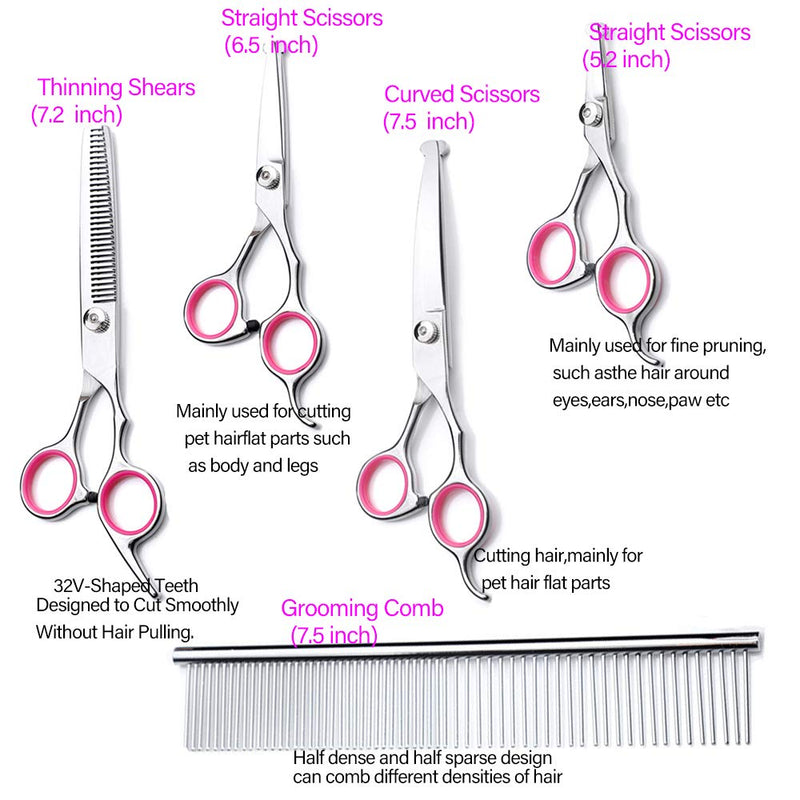 Dog Grooming Scissors kit with Safety Round End, Pet Grooming Trimmer Set with Blunt Tip-Thinning, Straight, Curved Shears tool with Comb, Nail Cliper and Nail File for Long Short Fur of Cat and Puppy - PawsPlanet Australia