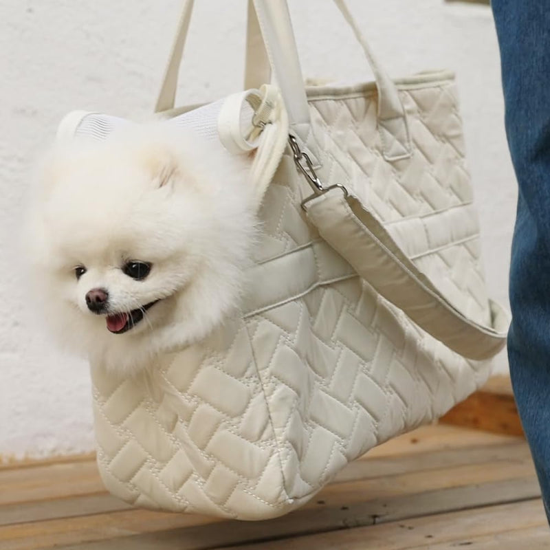 HSC PET Beige Small Dog Bag Woman,Cat Carrier Quilted Pet Soft Sided Leisure Pups Totes Traveling Go to Vet,Pet Function Handbag with 3 Pockets,12 lbs Puppy/15 lbs Cat or Kittens 16.1"L x 11.8"W x 7.1"H - PawsPlanet Australia