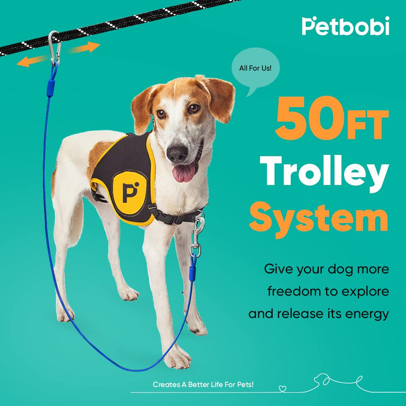 Petbobi Dog Runner for Yard 50ft, Dog Tie Out Cable for Camping with 10ft Dog Run Wire Cable, Portable Reflective Dog Lead Line with 360° Tangle Free &Heavy-Duty Clasp for Yard, Park, Black 50FT+10FT