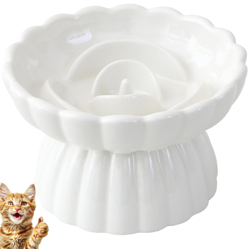 Ceramic Elevated Slow Feeder Cat and Small Dog Bowl,Anti Vomiting,Easy to Clean,Spill-Proof & Anti-Tipping Raised Pet Bowl for Food (White)