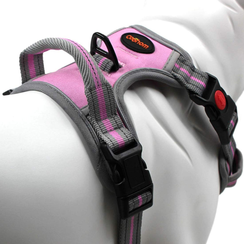 Coohom No Pull Dog Harness with Handle and Two Leash Attachments,Adjustable Outdoor Pet Harness with Reflective Oxford Material for Small Medium Large Dogs L Pink 3 Buckles - PawsPlanet Australia