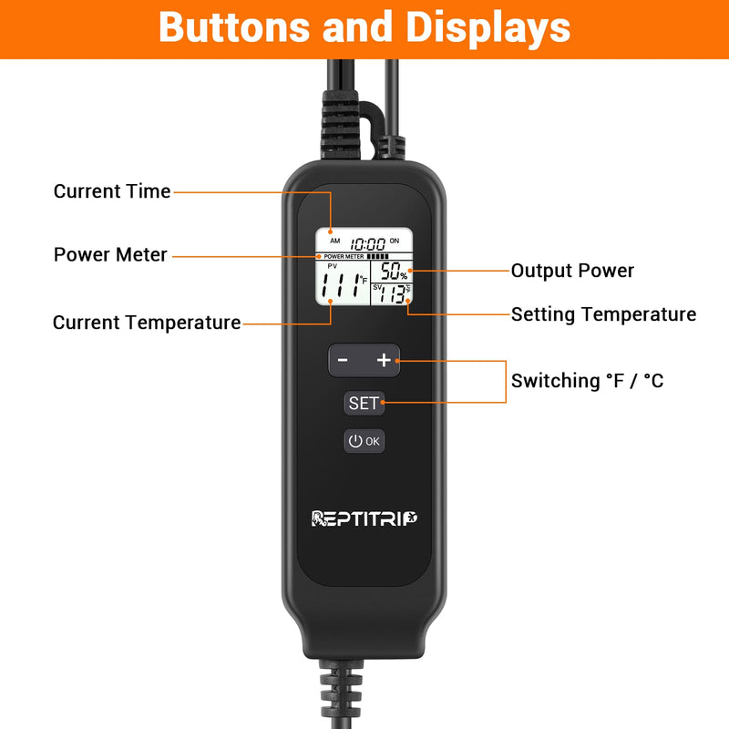 Reptile Dimming Thermostat, Adjustable Day and Night Temperature, Thermostat for Reptile Heat Lamp Heat Pad, PID Temperature Controller, Memory Function, ℉/℃ - PawsPlanet Australia