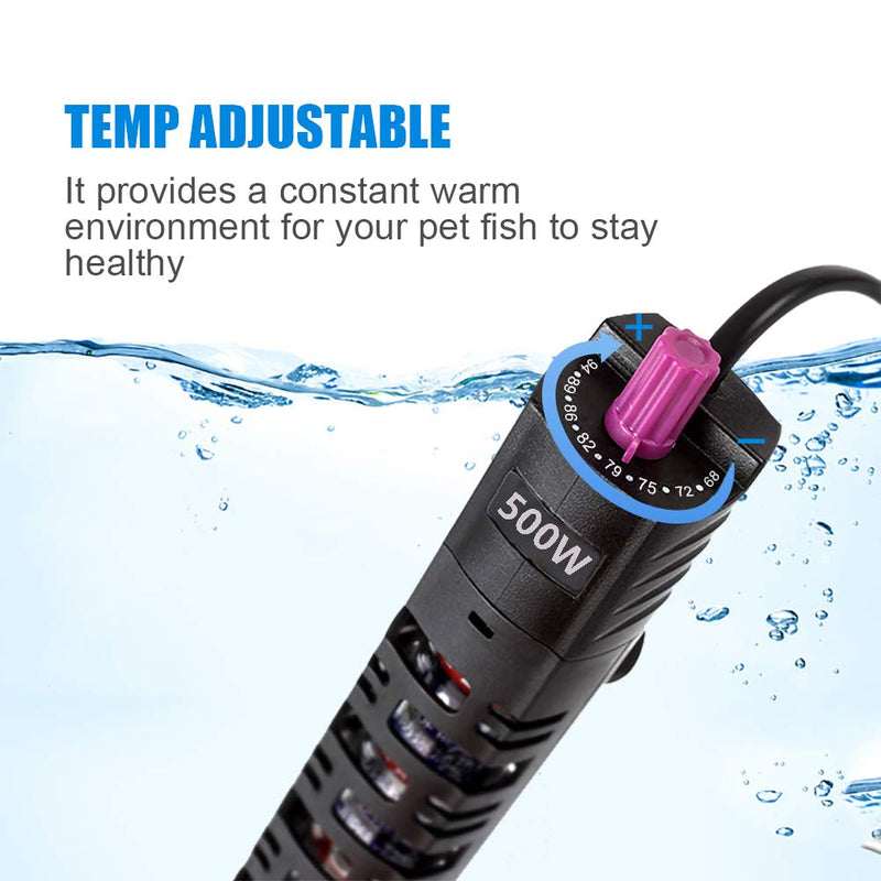 MQ Submersible Aquarium Heater Auto Thermostat, 500W Fish Tank Heater with LCD Digital Aquarium Thermometer, Shatter-Proof and Blast-Proof 500W for Fish Tank 55-80 Gallon