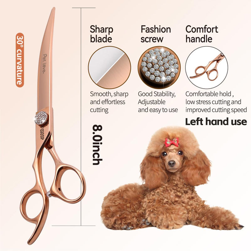 Professional Left Handed Curved Dog Grooming Scissors 8'' Downward 30° Rose Gold Titanium Japan 440C Pet Grooming Trimming Shears for Large Dog Poodle(8,Curved) 8.0‘’ Lefty Curved - PawsPlanet Australia