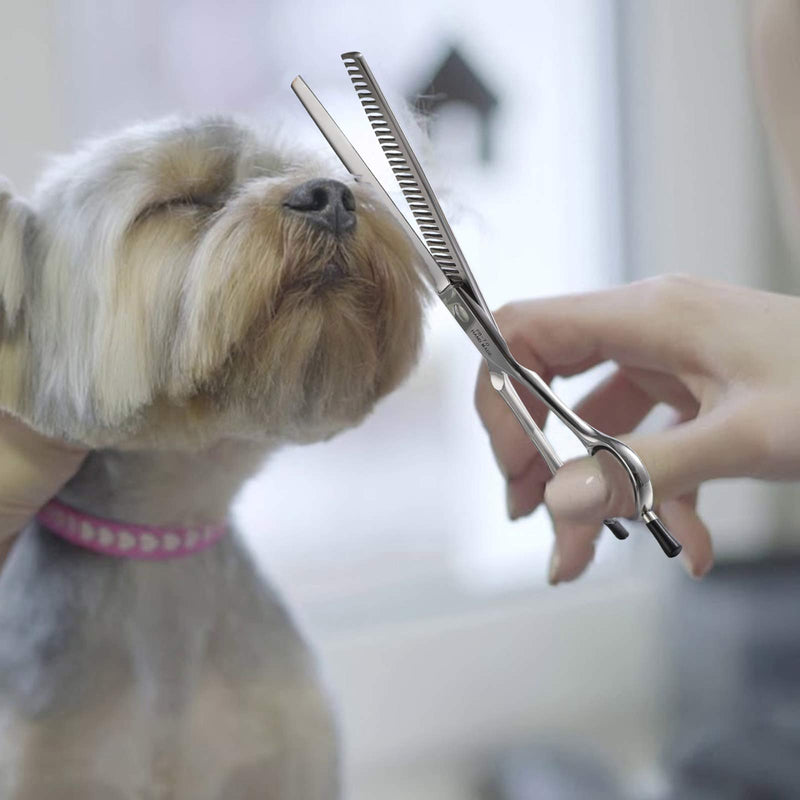 PURPLRBIRD 7 Inch Straight Dog Grooming Scissors Pet Thinning Texturizing Shears Professional Safety Blunt Tip Trimming Shearing for Dogs Cats Face Paws Limbs Japanese Stainless Steel Silver 7.0"Thinning - PawsPlanet Australia